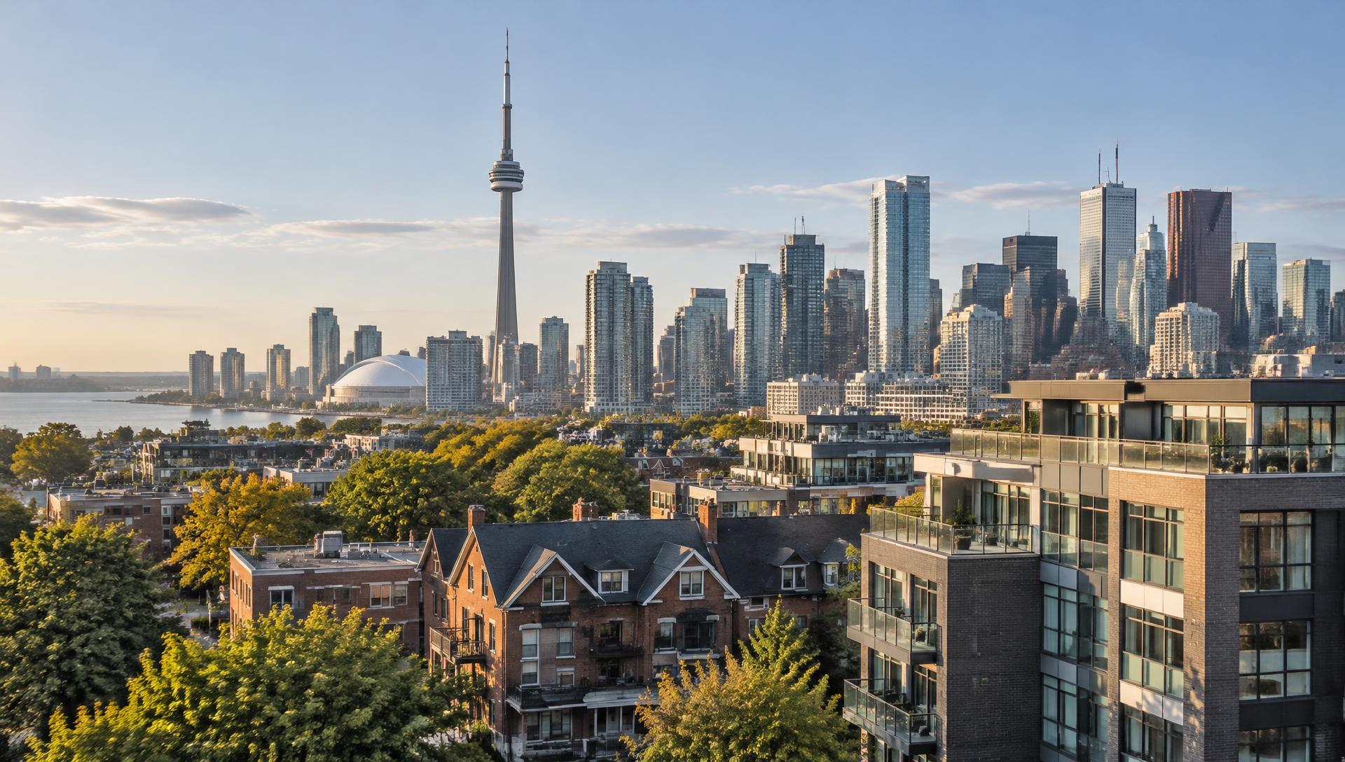 Toronto skyline and residential rental neighbourhood, architectural illustration